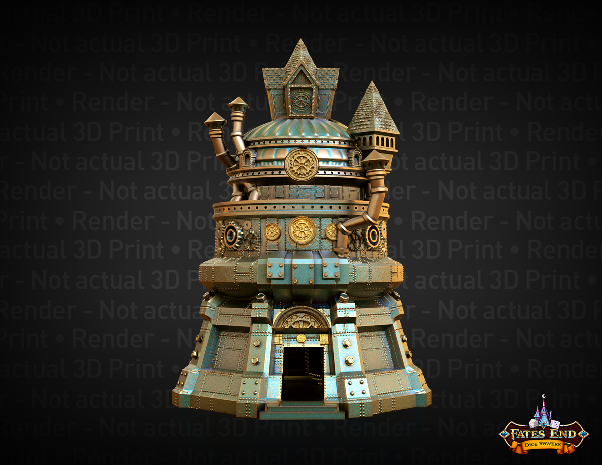 Render of the Artificer dice tower, a steampunk domed tower with chimneys, gears and a pointed roof