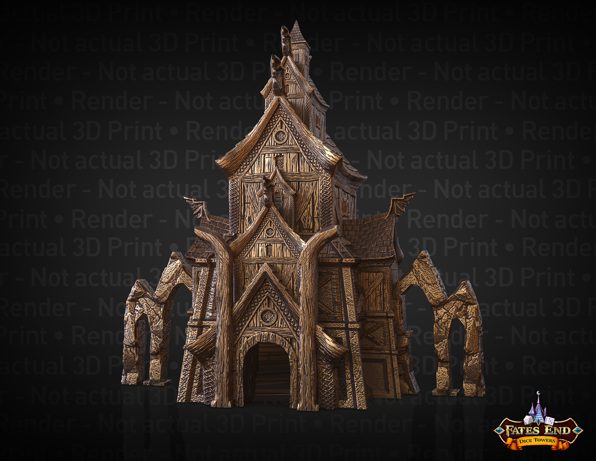 Render of the Valkyrie dice tower, a timber hall with carved gables and curved wooden arches either side