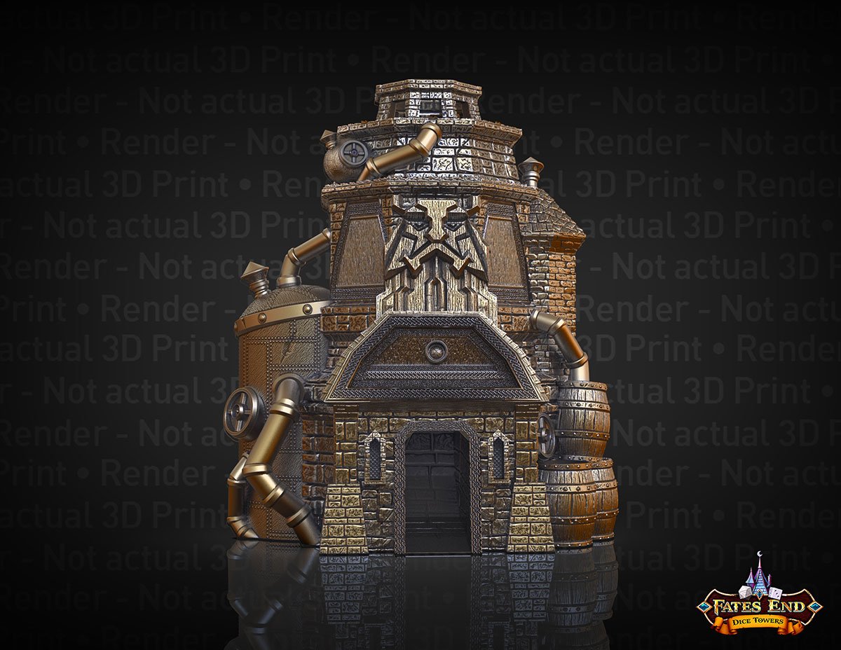 Render of the Drunken Dwarf Brewery dice tower, a stone brewery with brass pipes, barrels and a dwarf face above the door