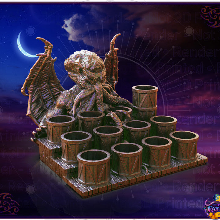 Render of the Cthulhu paint organiser, a winged, tentacle-faced figure behind rows of barrel-shaped pot holders