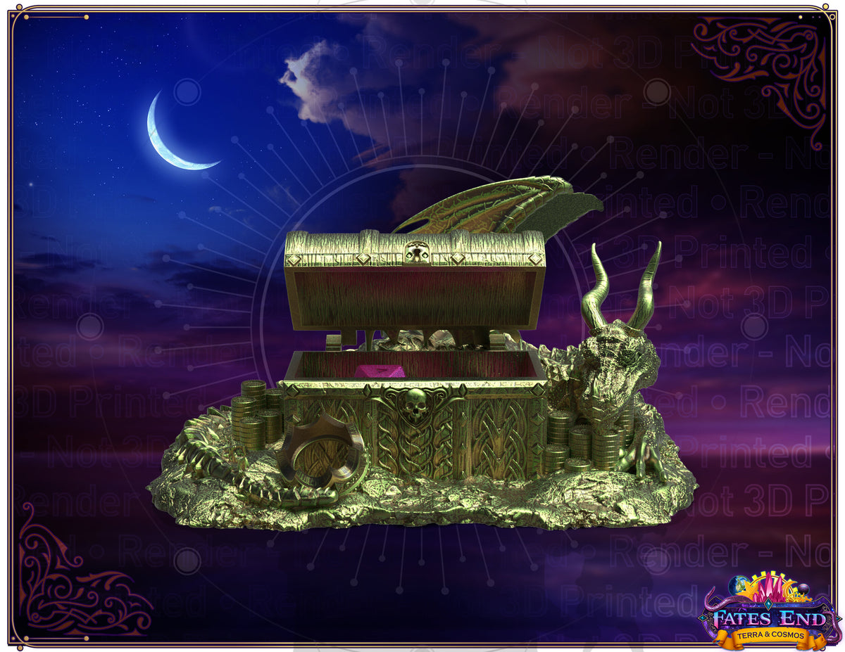 Render of the Dragon Hoard dice tray, an open treasure chest with coins and a horned dragon curled around it