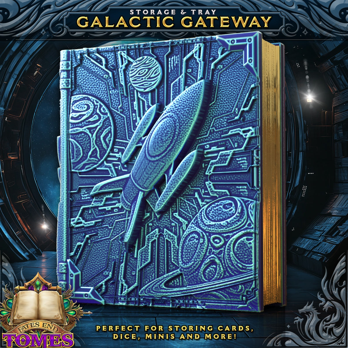 Render of the Galactic Gateway Tome, a blue book-shaped dice case with a rocket and planets on its cover