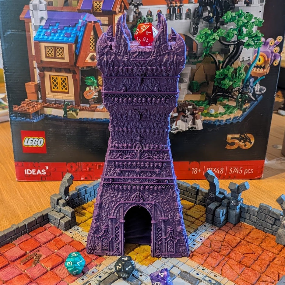 Necromancer Dice Tower shown from Front and in the colour Indigo Purple