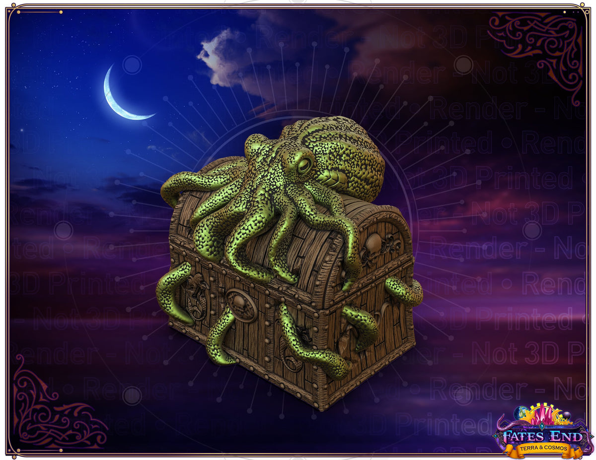 Render of the Davy Jones Locker dice vault, a treasure chest with a spotted octopus draped over its lid, under a night sky