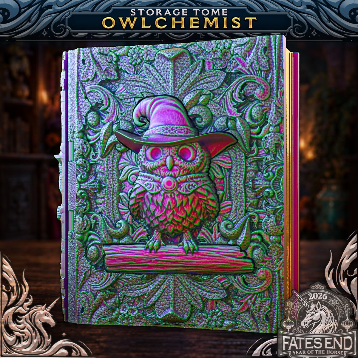 Fate's End Owlchemist storage tome with a wizard-hatted owl on a foliage-covered cover, designer render