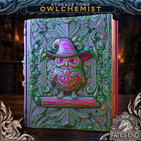 Fate's End Owlchemist storage tome with a wizard-hatted owl on a foliage-covered cover, designer render