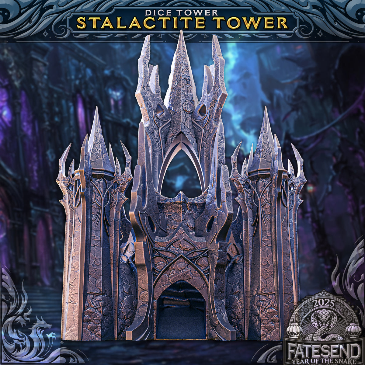 Render of the Stalactite Tower dice tower, a gothic spired tower of jagged pinnacles with an arched dice opening at the base